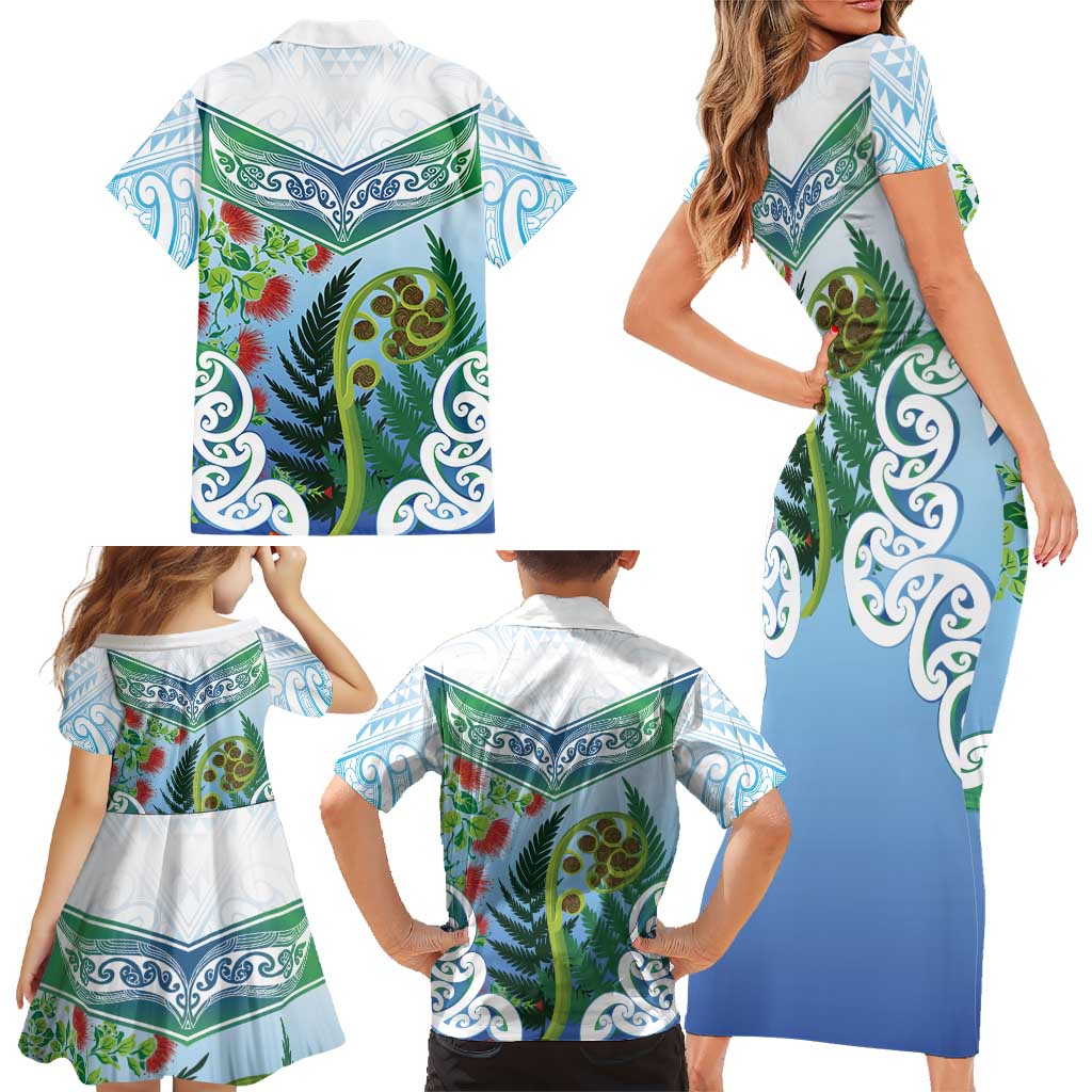 Aotearoa New Zealand Natural Plants Family Matching Short Sleeve Bodycon Dress and Hawaiian Shirt Pohutukawa with Silver Ferns Koru Frond Maori Tattoos LT03 - Polynesian Pride
