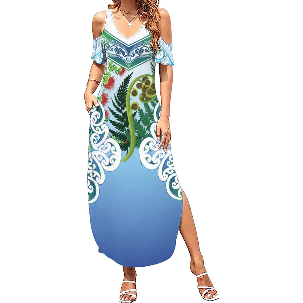 Aotearoa New Zealand Natural Plants Family Matching Summer Maxi Dress and Hawaiian Shirt Pohutukawa with Silver Ferns Koru Frond Maori Tattoos LT03 Mom's Dress Multicolor - Polynesian Pride