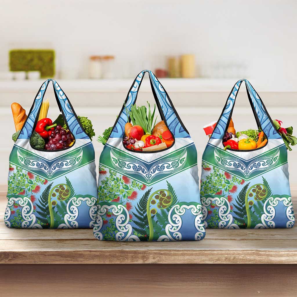 Aotearoa New Zealand Natural Plants Grocery Bag Pohutukawa with Silver Ferns Koru Frond Maori Tattoos LT03 3-pack One Size Multicolor - Polynesian Pride