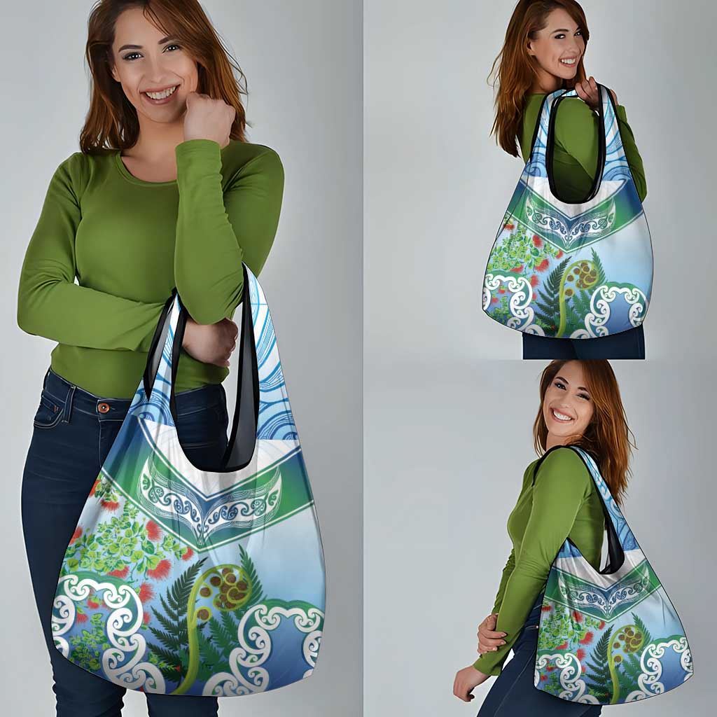 Aotearoa New Zealand Natural Plants Grocery Bag Pohutukawa with Silver Ferns Koru Frond Maori Tattoos LT03 - Polynesian Pride