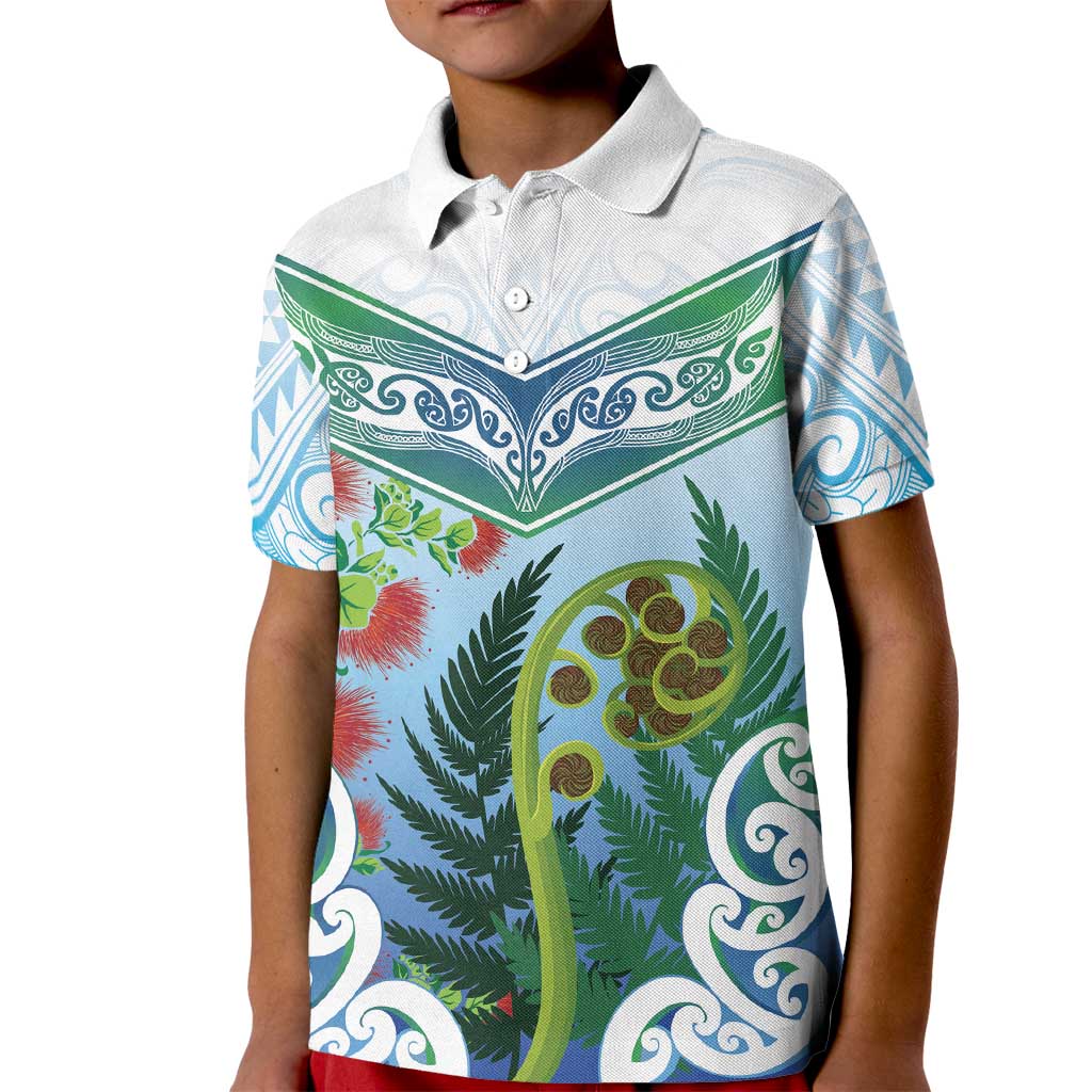Aotearoa New Zealand Natural Plants Kid Polo Shirt Pohutukawa with Silver Ferns Koru Frond Maori Tattoos LT03 Kid Multicolor - Polynesian Pride