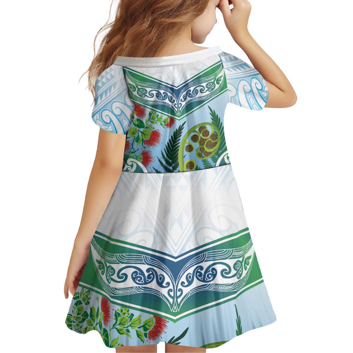 Aotearoa New Zealand Natural Plants Kid Short Sleeve Dress Pohutukawa with Silver Ferns Koru Frond Maori Tattoos LT03 - Polynesian Pride