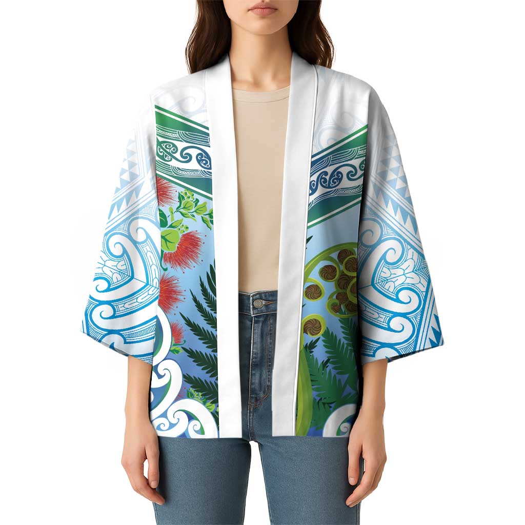 Aotearoa New Zealand Natural Plants Kimono Pohutukawa with Silver Ferns Koru Frond Maori Tattoos LT03 - Polynesian Pride