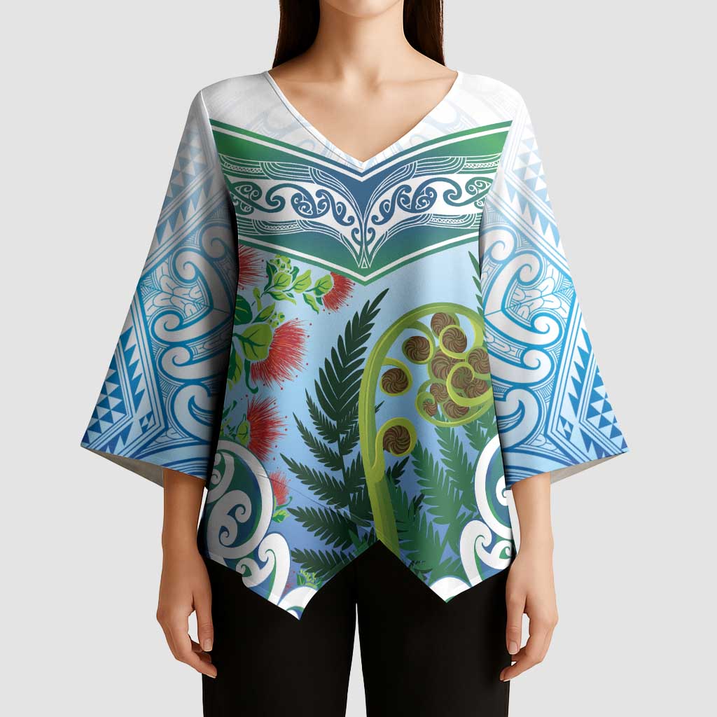 Aotearoa New Zealand Natural Plants Kimono Sleeve Blouse Pohutukawa with Silver Ferns Koru Frond Maori Tattoos LT03 - Polynesian Pride