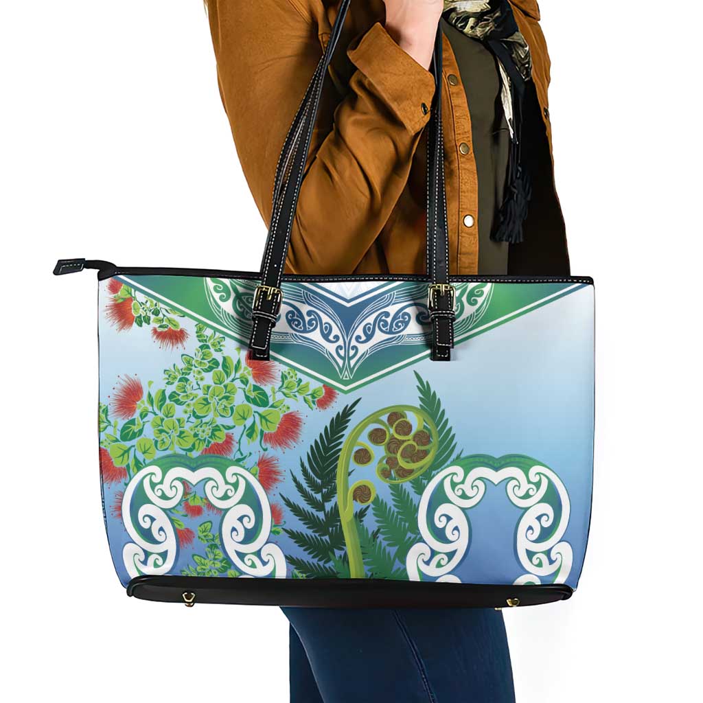 Aotearoa New Zealand Natural Plants Leather Tote Bag Pohutukawa with Silver Ferns Koru Frond Maori Tattoos LT03 - Polynesian Pride