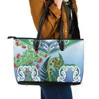 Aotearoa New Zealand Natural Plants Leather Tote Bag Pohutukawa with Silver Ferns Koru Frond Maori Tattoos LT03 - Polynesian Pride