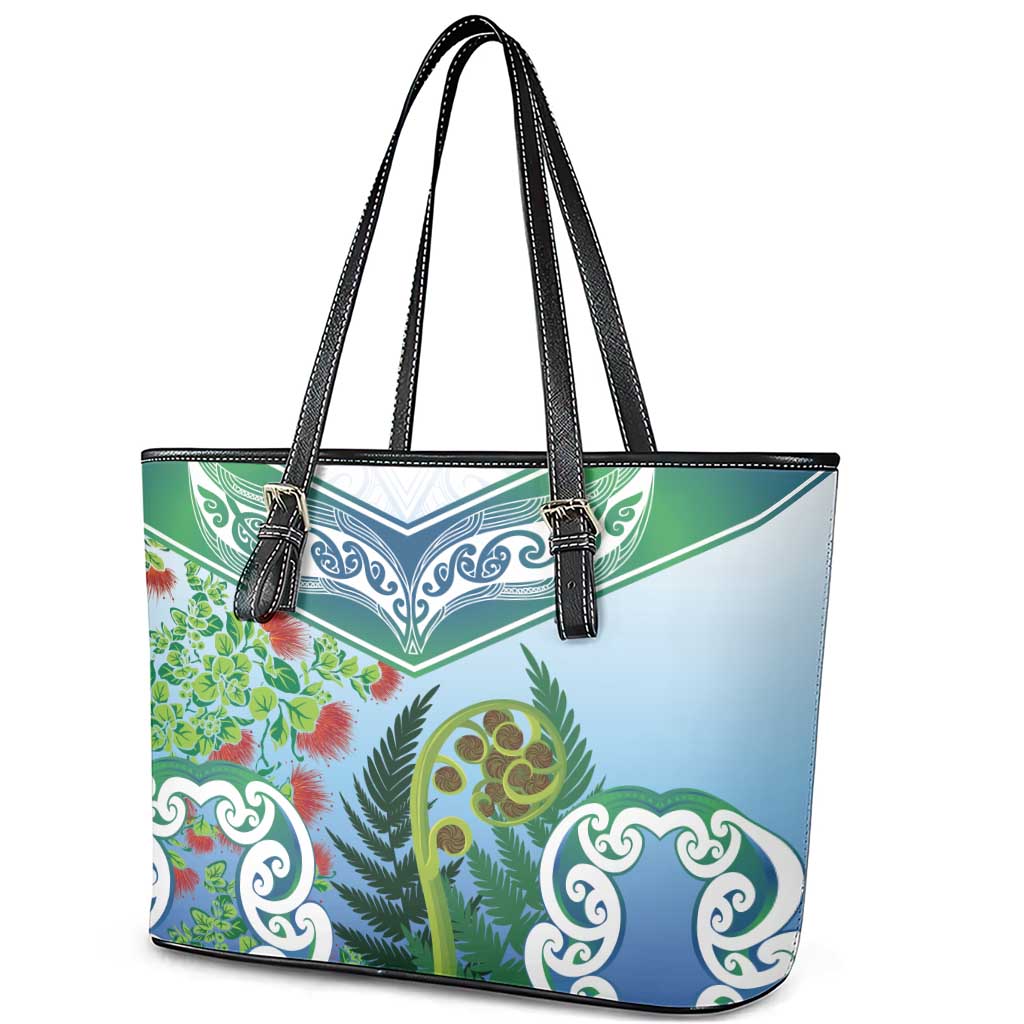 Aotearoa New Zealand Natural Plants Leather Tote Bag Pohutukawa with Silver Ferns Koru Frond Maori Tattoos LT03 - Polynesian Pride