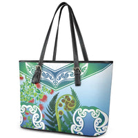 Aotearoa New Zealand Natural Plants Leather Tote Bag Pohutukawa with Silver Ferns Koru Frond Maori Tattoos LT03 - Polynesian Pride
