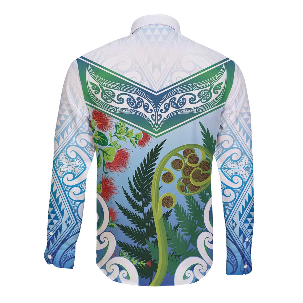 Aotearoa New Zealand Natural Plants Long Sleeve Button Shirt Pohutukawa with Silver Ferns Koru Frond Maori Tattoos LT03 - Polynesian Pride
