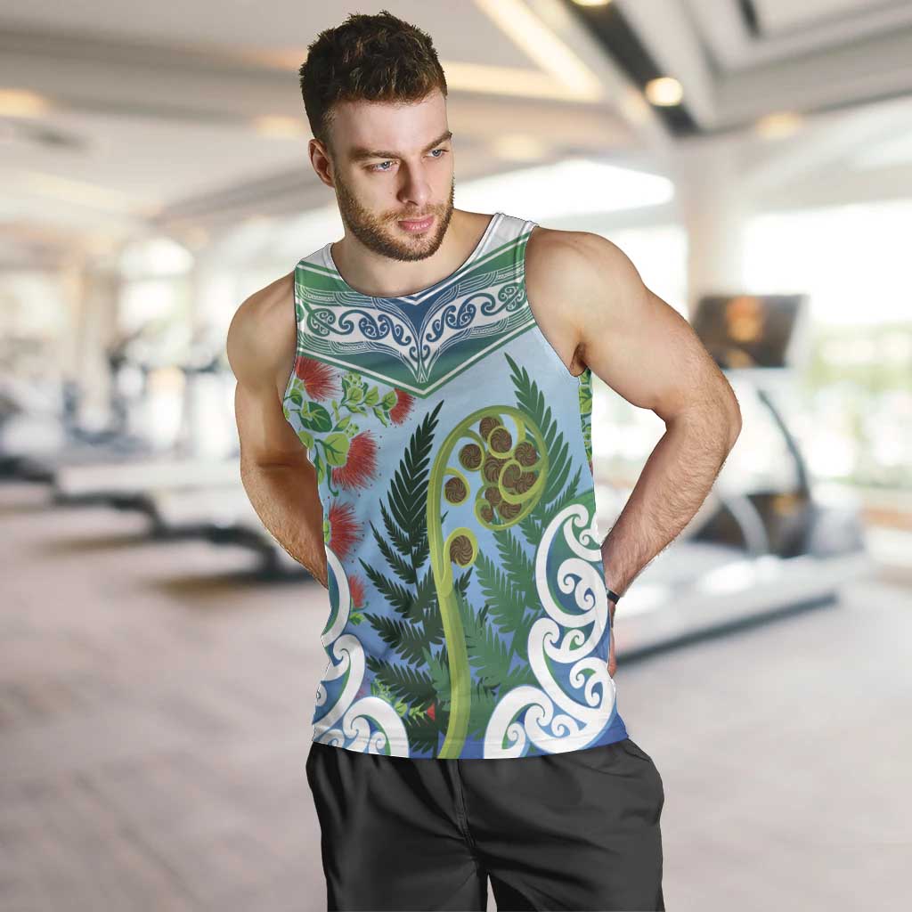 Aotearoa New Zealand Natural Plants Men Tank Top Pohutukawa with Silver Ferns Koru Frond Maori Tattoos LT03 Multicolor - Polynesian Pride