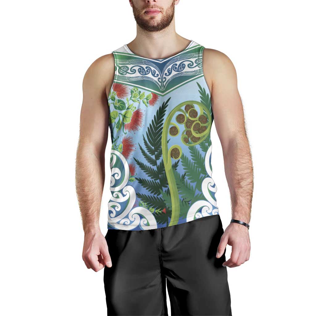 Aotearoa New Zealand Natural Plants Men Tank Top Pohutukawa with Silver Ferns Koru Frond Maori Tattoos LT03 - Polynesian Pride