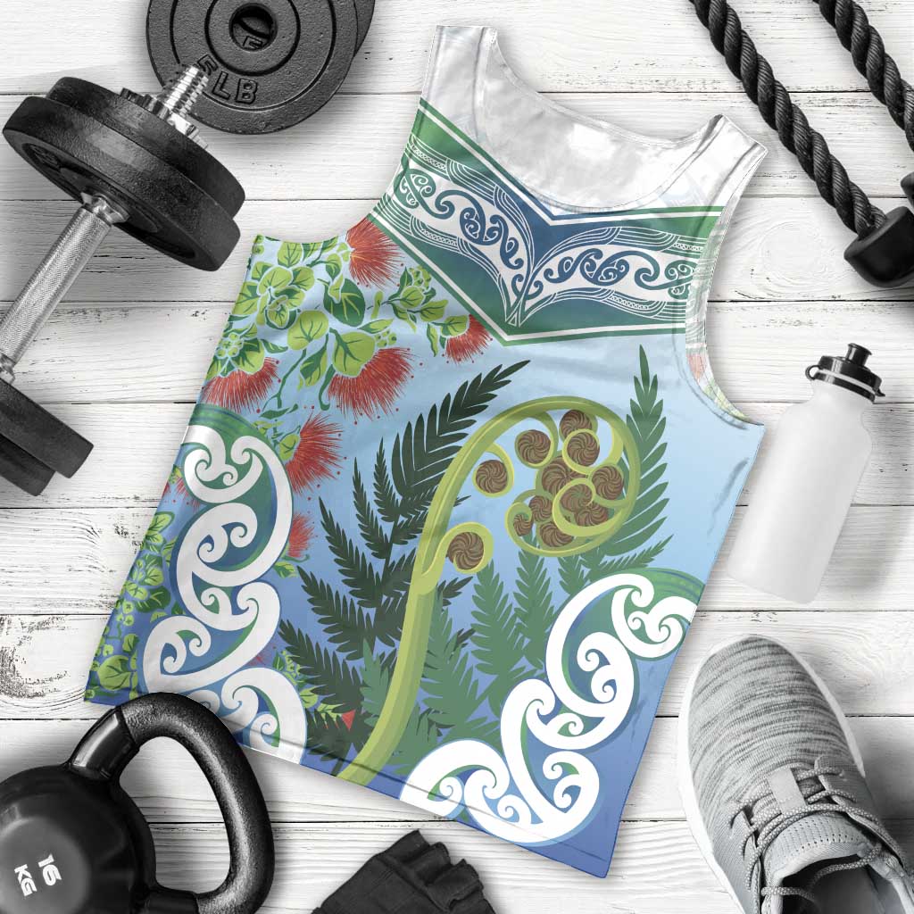Aotearoa New Zealand Natural Plants Men Tank Top Pohutukawa with Silver Ferns Koru Frond Maori Tattoos LT03 - Polynesian Pride