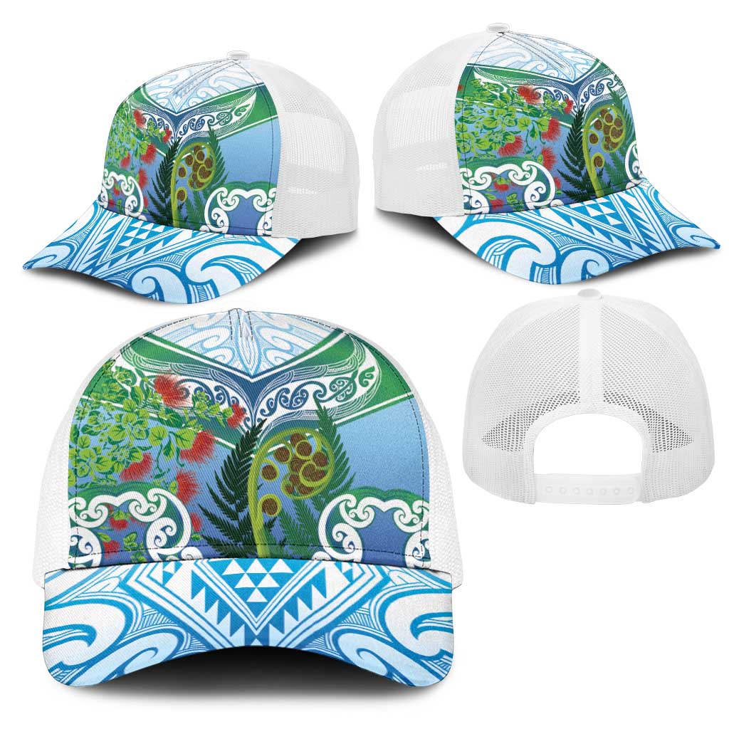 Aotearoa New Zealand Natural Plants Mesh Trucker Cap Pohutukawa with Silver Ferns Koru Frond Maori Tattoos LT03 - Polynesian Pride