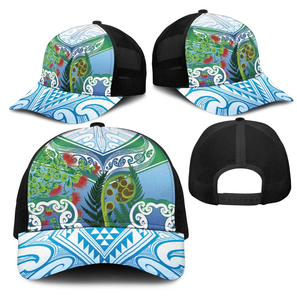 Aotearoa New Zealand Natural Plants Mesh Trucker Cap Pohutukawa with Silver Ferns Koru Frond Maori Tattoos LT03 - Polynesian Pride