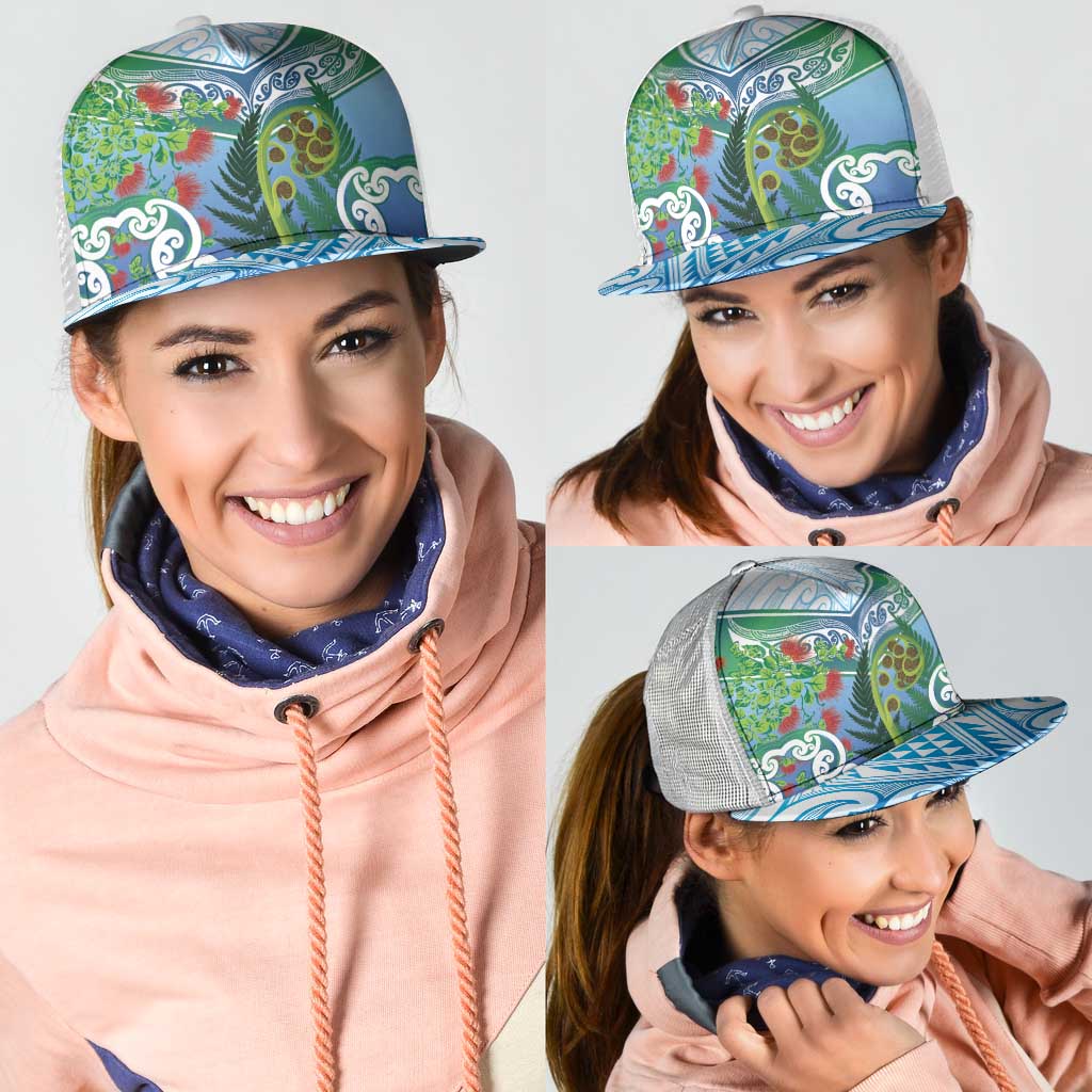 Aotearoa New Zealand Natural Plants Mesh Trucker Cap Pohutukawa with Silver Ferns Koru Frond Maori Tattoos LT03 - Polynesian Pride