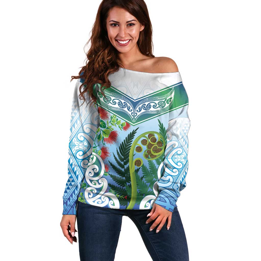 Aotearoa New Zealand Natural Plants Off Shoulder Sweater Pohutukawa with Silver Ferns Koru Frond Maori Tattoos LT03 Women Multicolor - Polynesian Pride