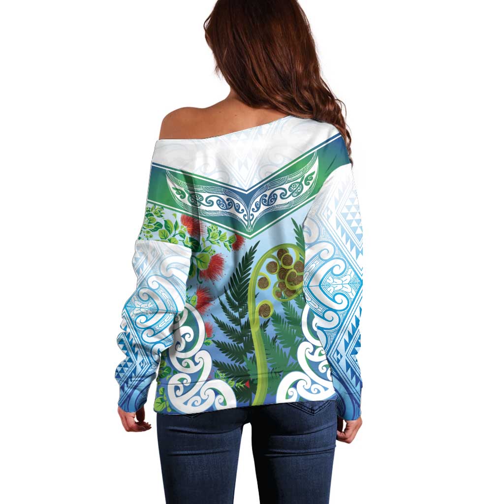 Aotearoa New Zealand Natural Plants Off Shoulder Sweater Pohutukawa with Silver Ferns Koru Frond Maori Tattoos LT03 - Polynesian Pride