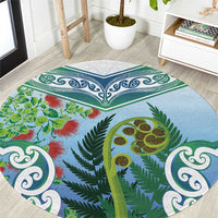 Aotearoa New Zealand Natural Plants Round Carpet Pohutukawa with Silver Ferns Koru Frond Maori Tattoos LT03 Multicolor - Polynesian Pride