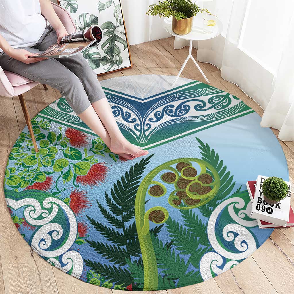 Aotearoa New Zealand Natural Plants Round Carpet Pohutukawa with Silver Ferns Koru Frond Maori Tattoos LT03 - Polynesian Pride