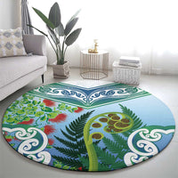 Aotearoa New Zealand Natural Plants Round Carpet Pohutukawa with Silver Ferns Koru Frond Maori Tattoos LT03 - Polynesian Pride