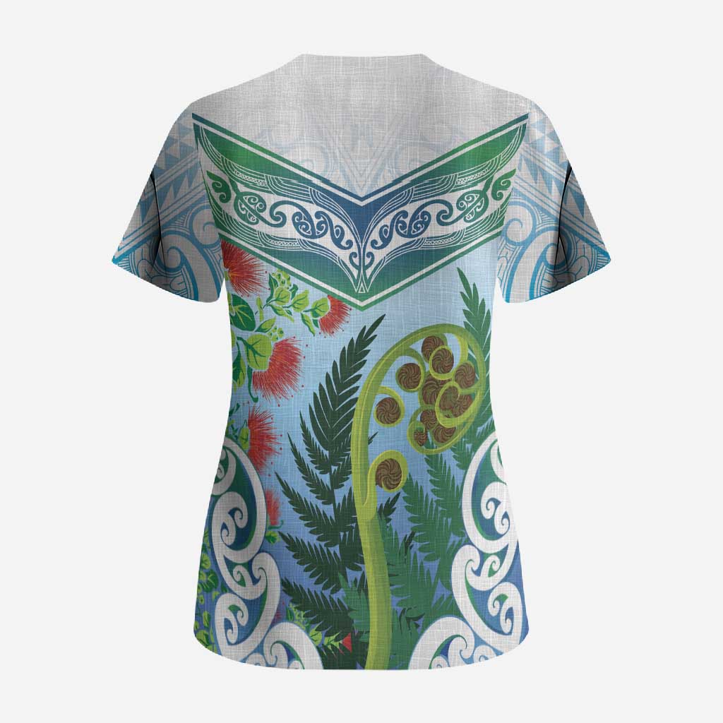 Aotearoa New Zealand Natural Plants Scrub Top Pohutukawa with Silver Ferns Koru Frond Maori Tattoos LT03 - Polynesian Pride