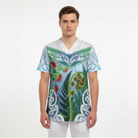 Aotearoa New Zealand Natural Plants Scrub Top Pohutukawa with Silver Ferns Koru Frond Maori Tattoos LT03 - Polynesian Pride