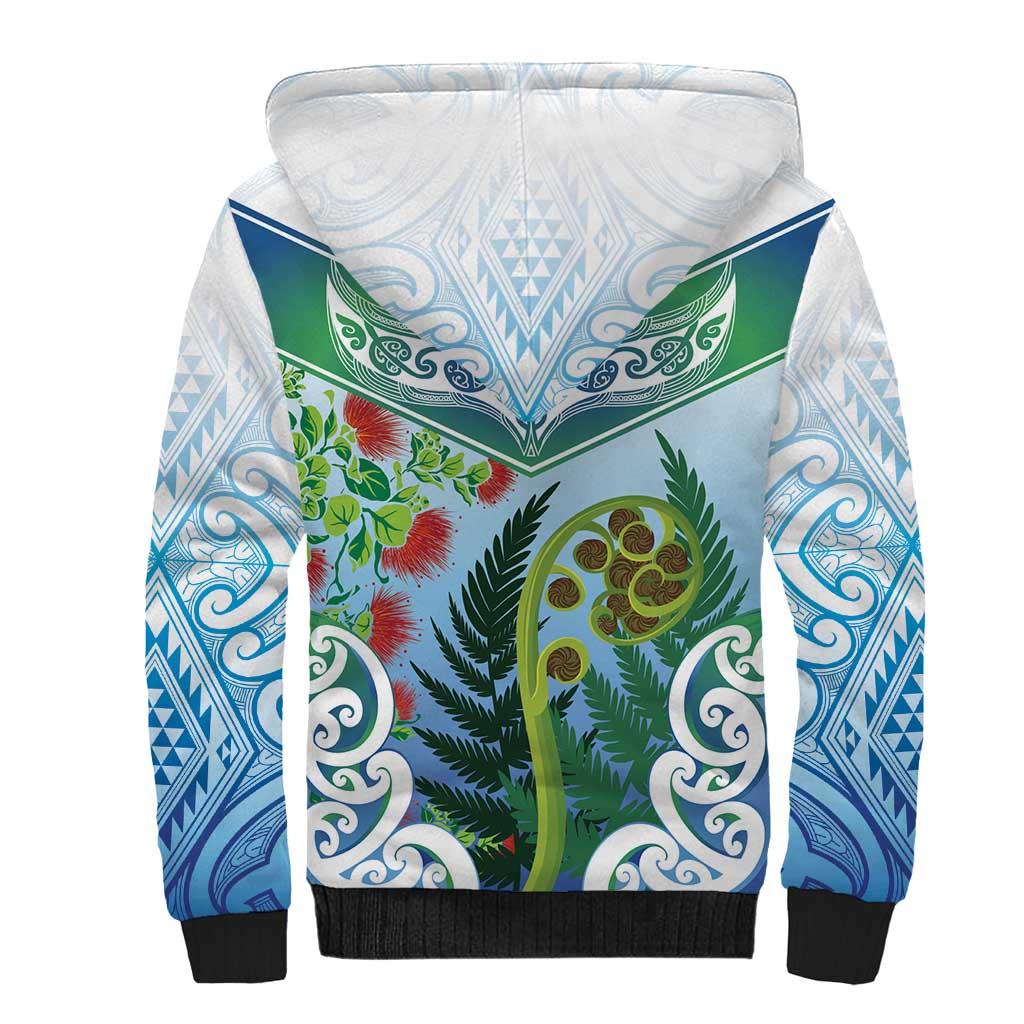 Aotearoa New Zealand Natural Plants Sherpa Hoodie Pohutukawa with Silver Ferns Koru Frond Maori Tattoos LT03 - Polynesian Pride