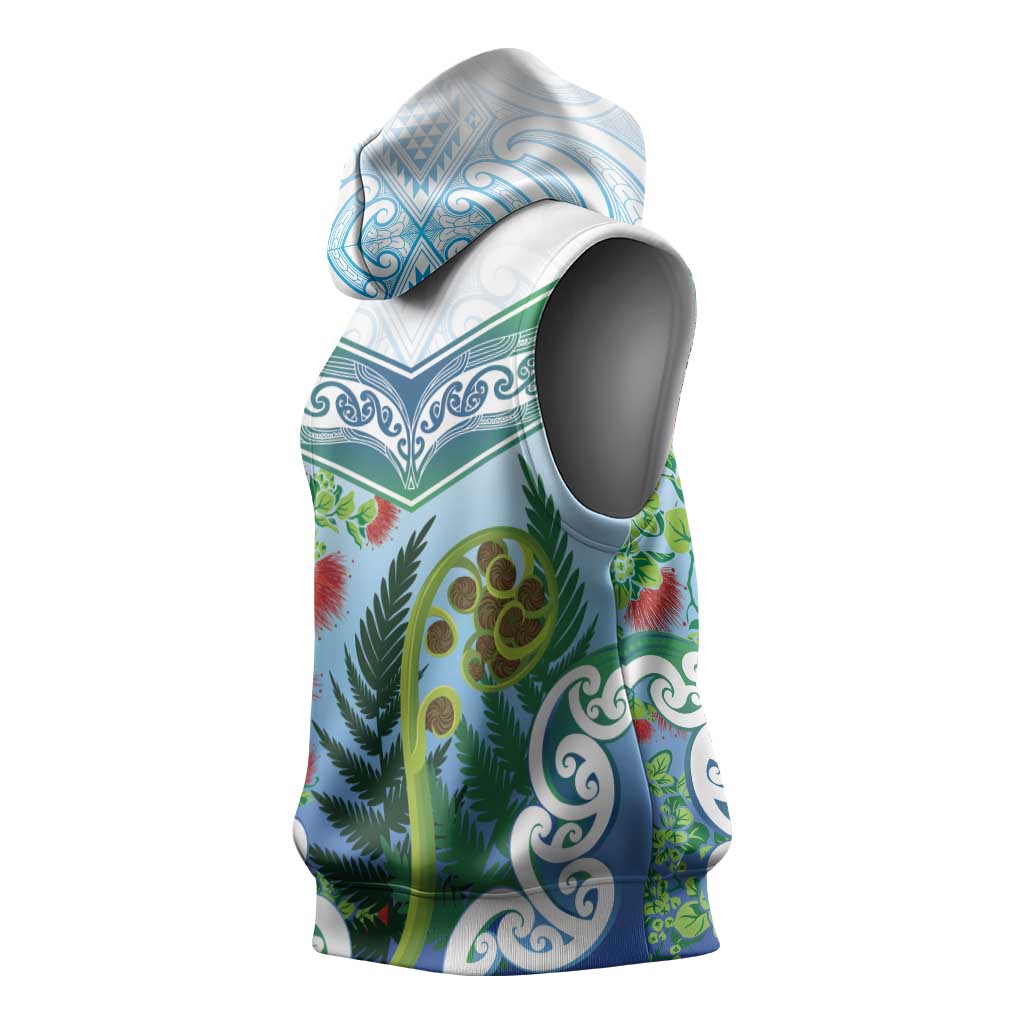 Aotearoa New Zealand Natural Plants Sleeveless Hoodie Pohutukawa with Silver Ferns Koru Frond Maori Tattoos LT03 - Polynesian Pride