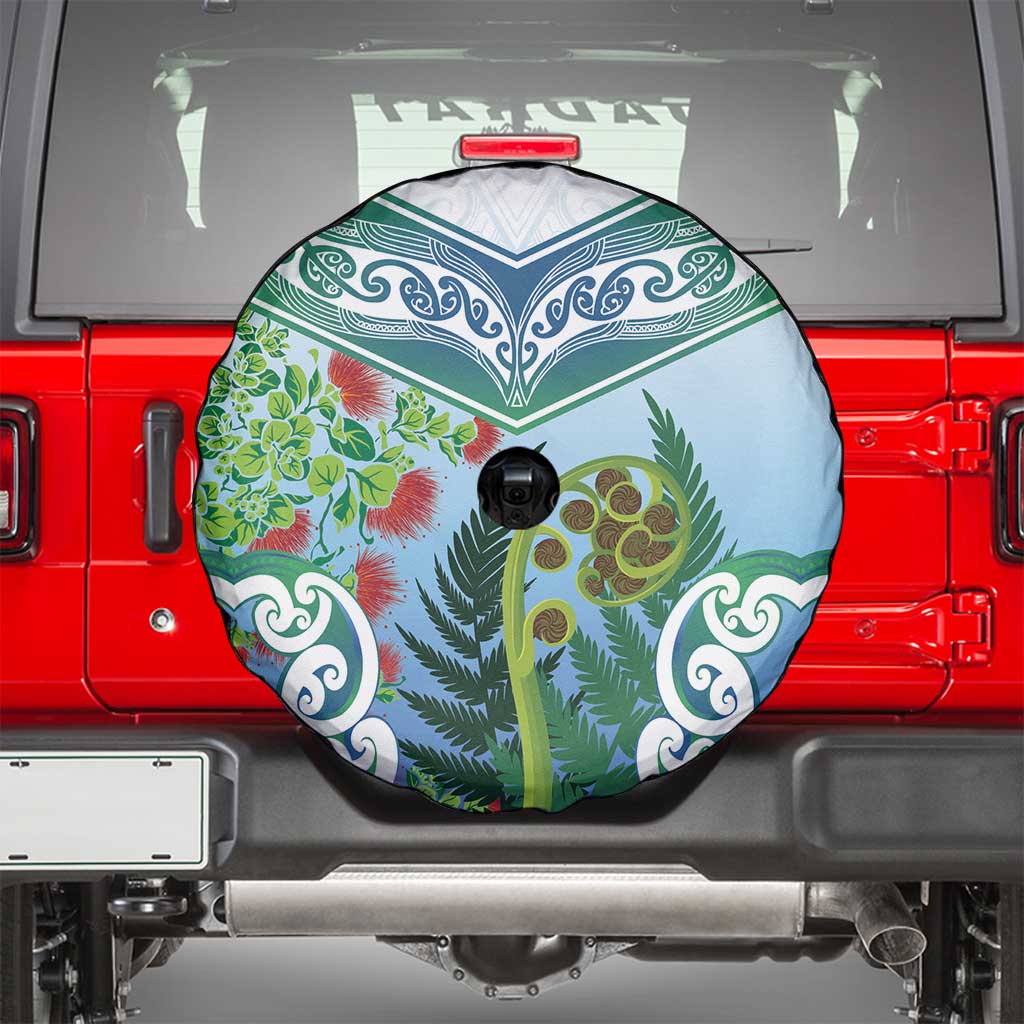 Aotearoa New Zealand Natural Plants Spare Tire Cover Pohutukawa with Silver Ferns Koru Frond Maori Tattoos LT03 - Polynesian Pride