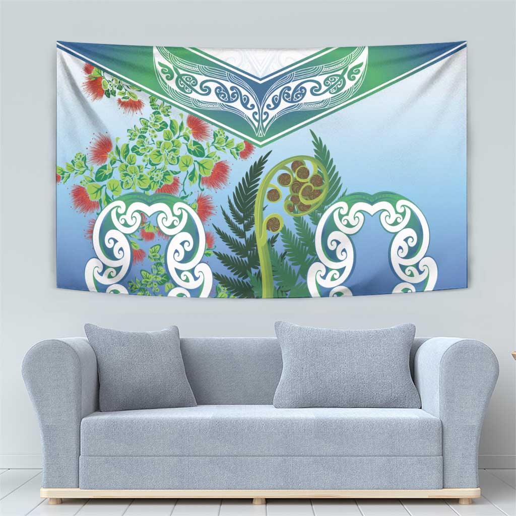 Aotearoa New Zealand Natural Plants Tapestry Pohutukawa with Silver Ferns Koru Frond Maori Tattoos LT03 - Polynesian Pride