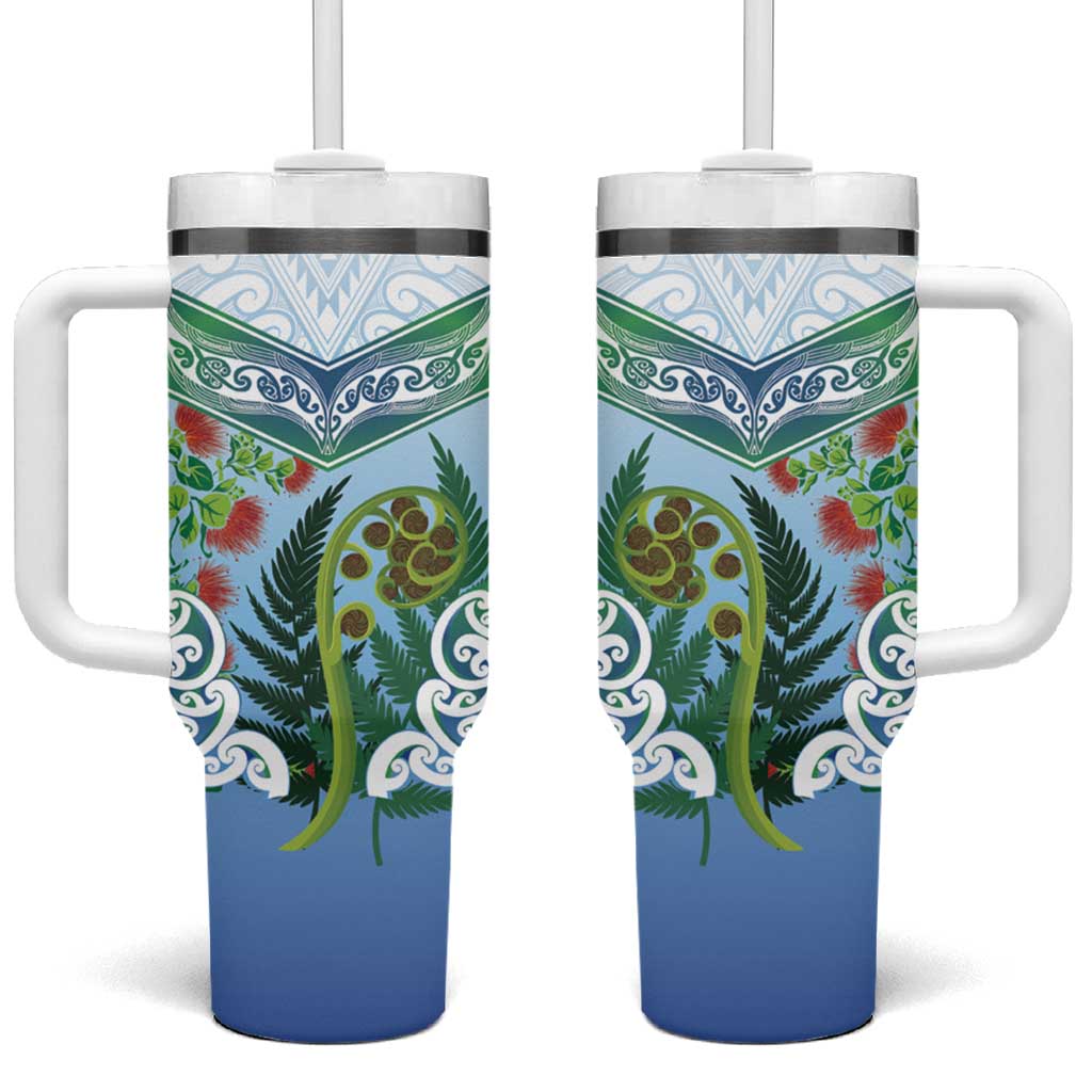 Aotearoa New Zealand Natural Plants Tumbler With Handle Pohutukawa with Silver Ferns Koru Frond Maori Tattoos LT03 One Size: 40 oz Multicolor - Polynesian Pride