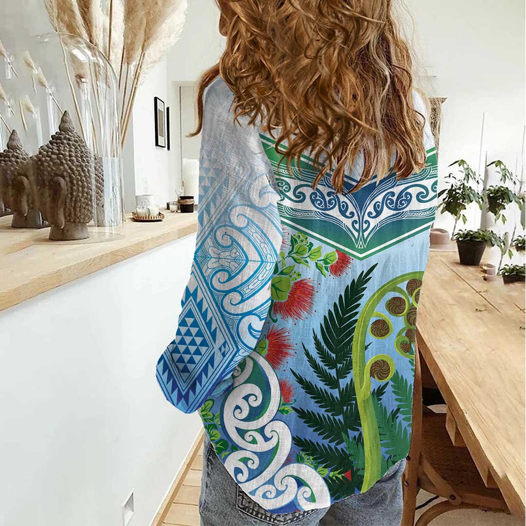Aotearoa New Zealand Natural Plants Women Casual Shirt Pohutukawa with Silver Ferns Koru Frond Maori Tattoos LT03 - Polynesian Pride