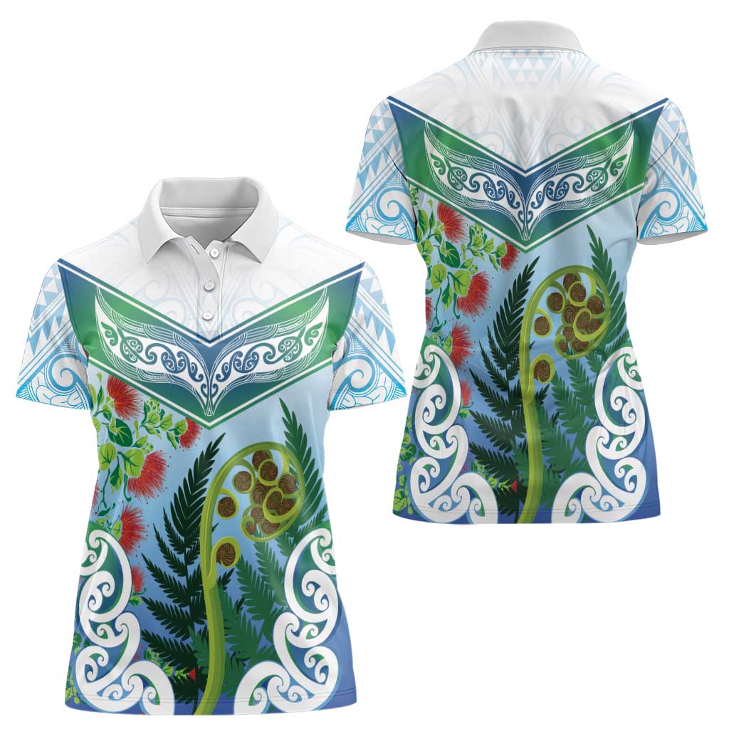 Aotearoa New Zealand Natural Plants Women Polo Shirt Pohutukawa with Silver Ferns Koru Frond Maori Tattoos LT03 - Polynesian Pride