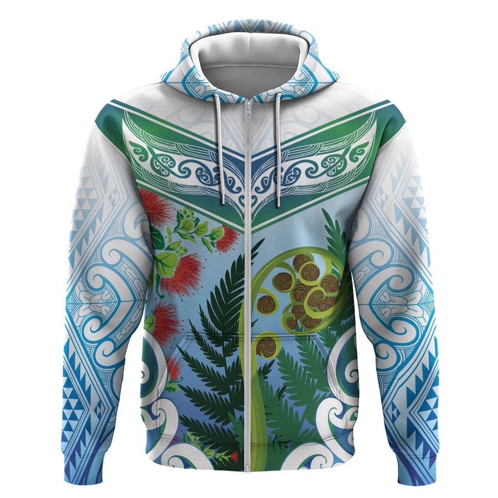 Aotearoa New Zealand Natural Plants Zip Hoodie Pohutukawa with Silver Ferns Koru Frond Maori Tattoos