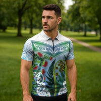 Aotearoa New Zealand Natural Plants Zipper Polo Shirt Pohutukawa with Silver Ferns Koru Frond Maori Tattoos LT03 - Polynesian Pride