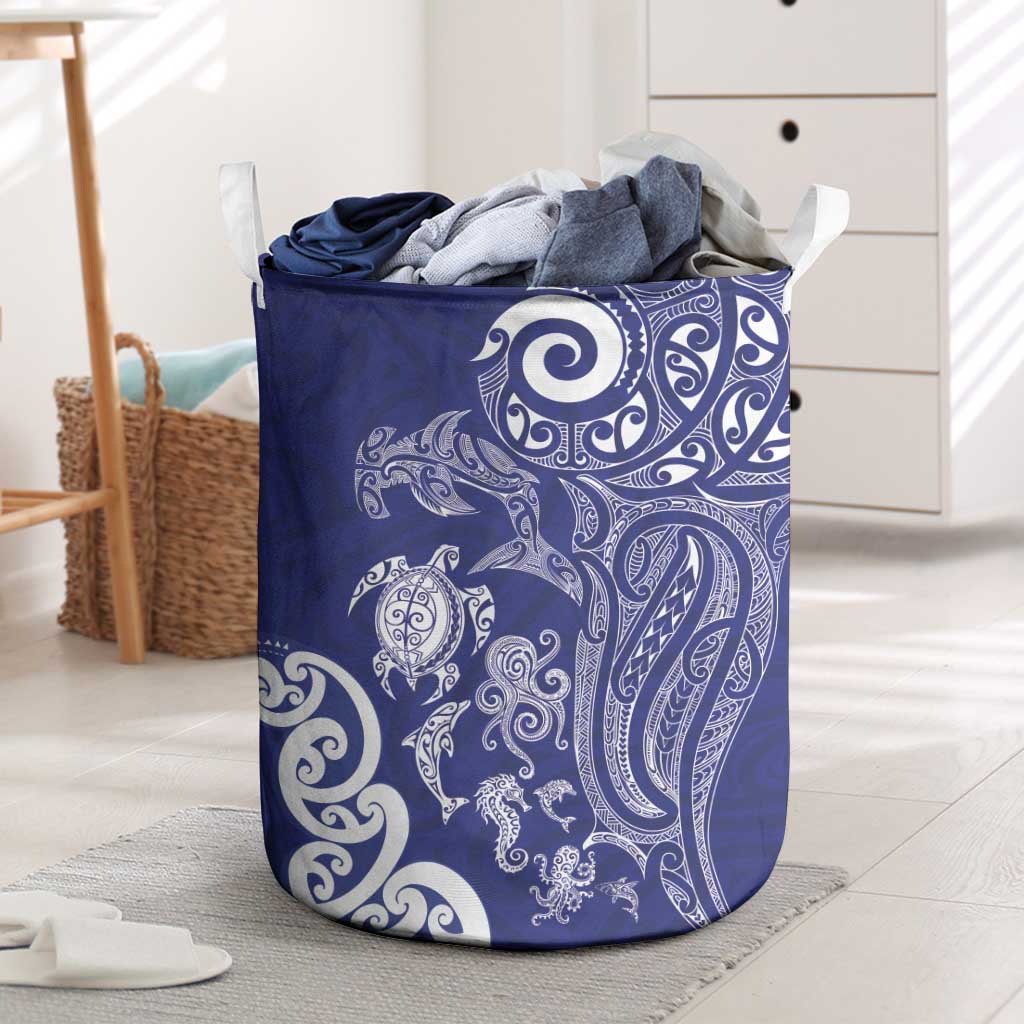 New Zealand Sea Animals with Maori Tribal Tattoo Laundry Basket Blue Color LT03 Blue - Polynesian Pride