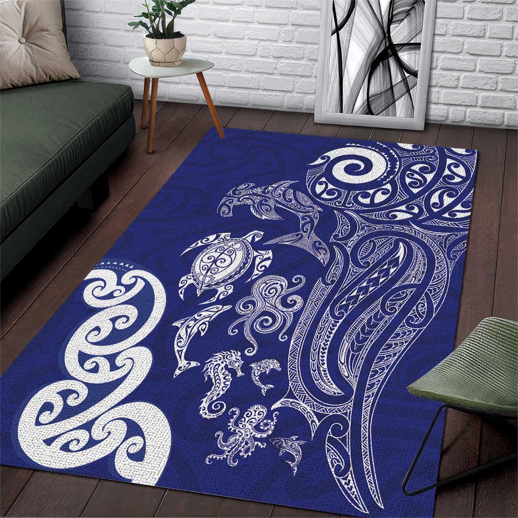 New Zealand Sea Animals with Maori Tribal Tattoo Area Rug Blue Color LT03 Blue - Polynesian Pride