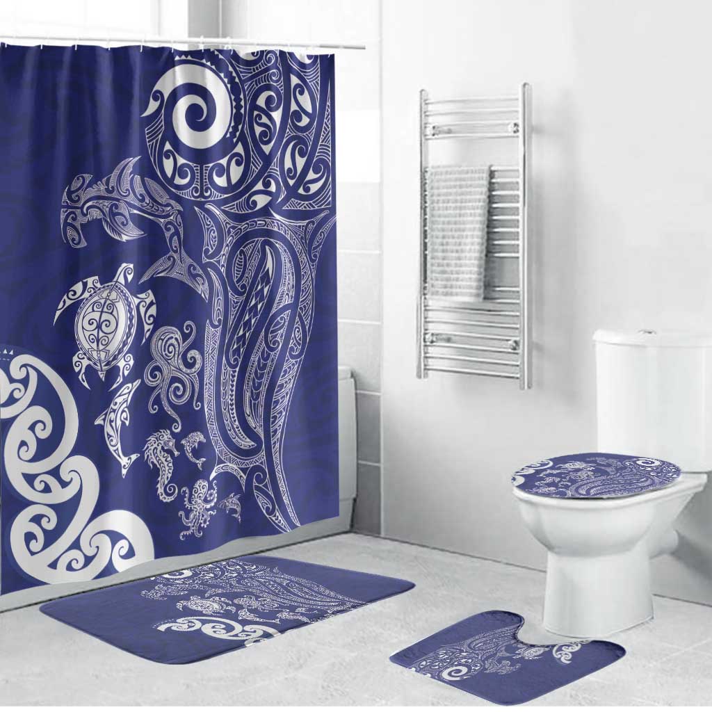 New Zealand Sea Animals with Maori Tribal Tattoo Bathroom Set Blue Color LT03 Bathroom Set (4 pcs) Blue - Polynesian Pride