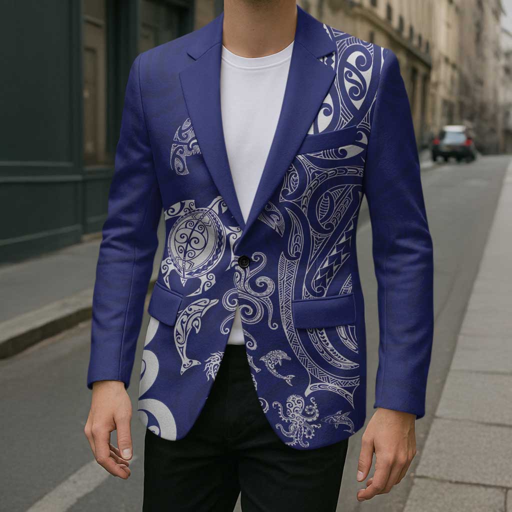 New Zealand Sea Animals with Maori Tribal Tattoo Blazer Blue Color LT03 - Polynesian Pride