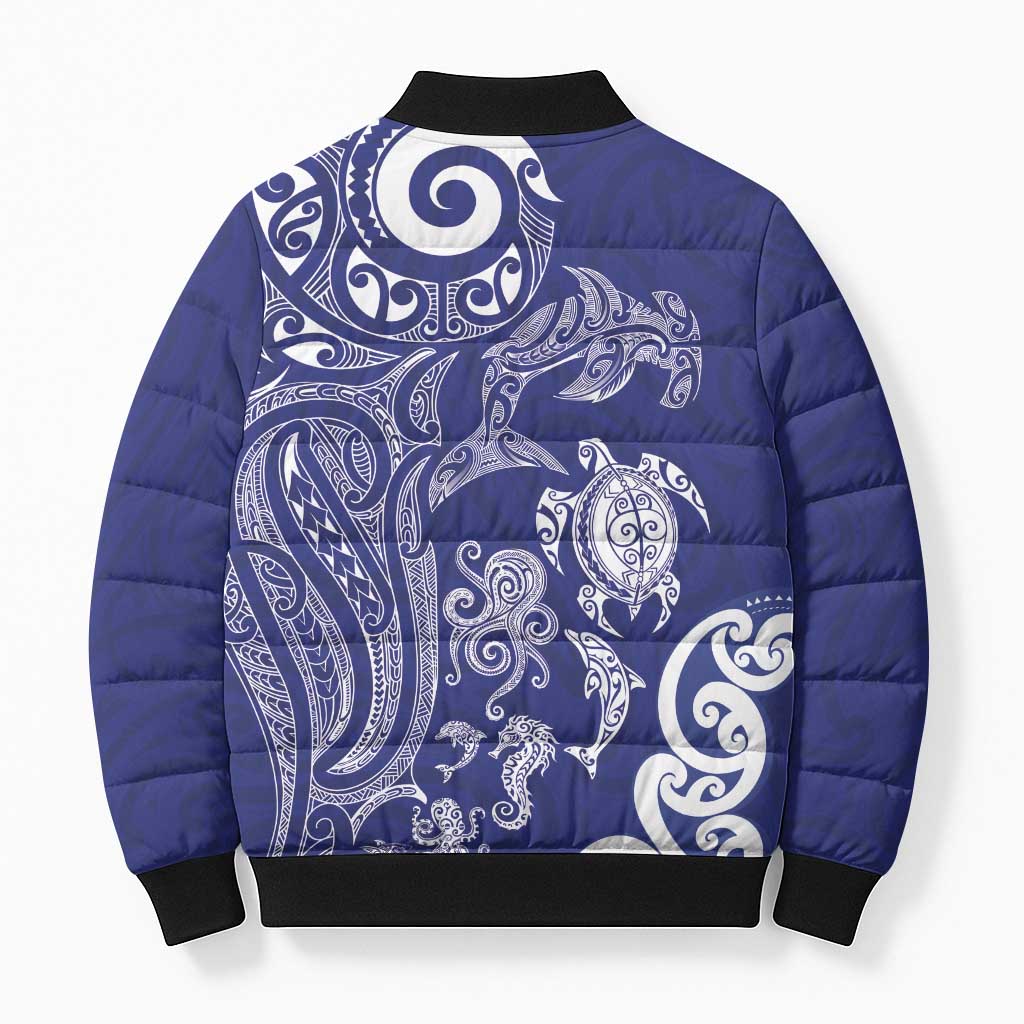 New Zealand Sea Animals with Maori Tribal Tattoo Bomber Puffer Jacket Blue Color LT03 - Polynesian Pride