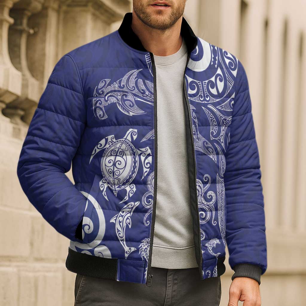 New Zealand Sea Animals with Maori Tribal Tattoo Bomber Puffer Jacket Blue Color LT03 - Polynesian Pride
