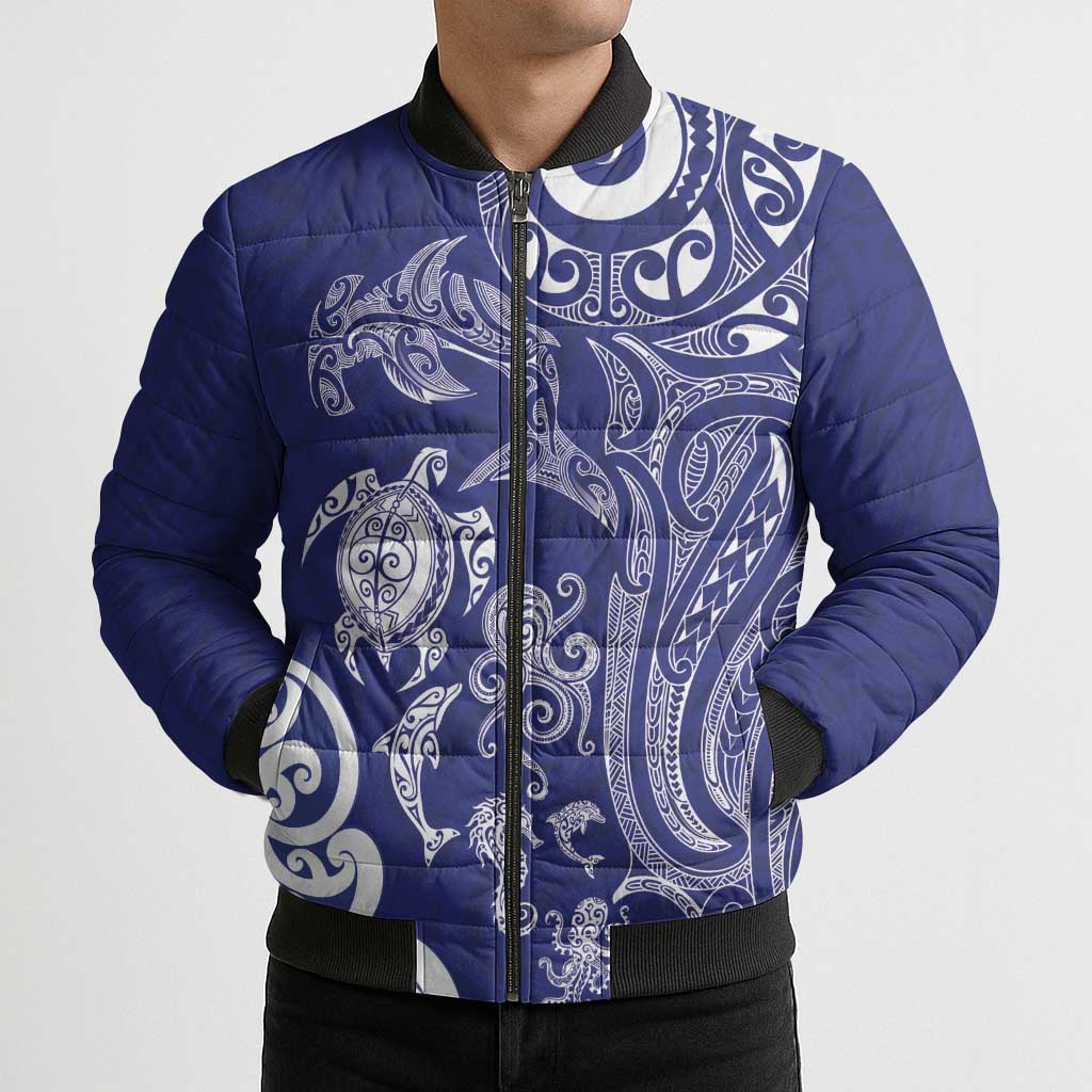 New Zealand Sea Animals with Maori Tribal Tattoo Bomber Puffer Jacket Blue Color LT03 - Polynesian Pride