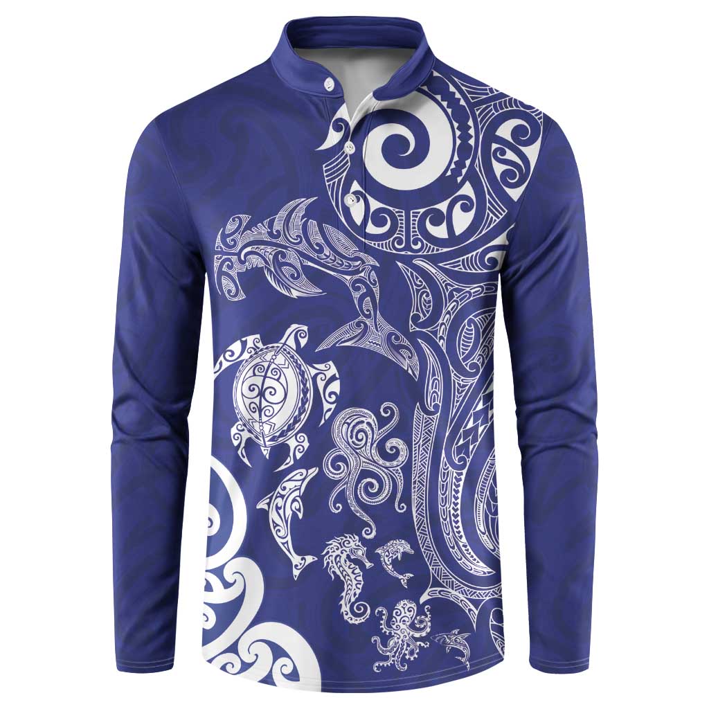 New Zealand Sea Animals with Maori Tribal Tattoo Button Sweatshirt Blue Color LT03 Blue - Polynesian Pride