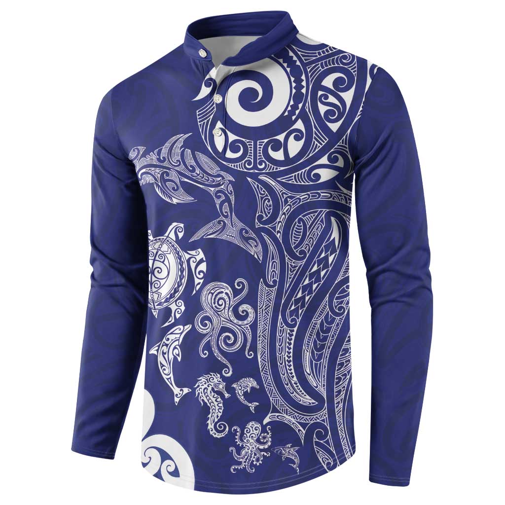 New Zealand Sea Animals with Maori Tribal Tattoo Button Sweatshirt Blue Color LT03 - Polynesian Pride