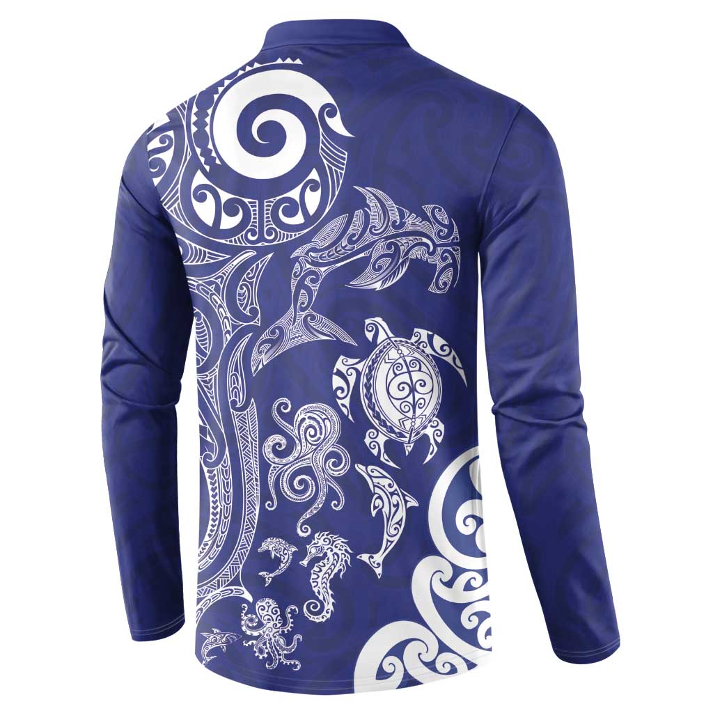 New Zealand Sea Animals with Maori Tribal Tattoo Button Sweatshirt Blue Color LT03 - Polynesian Pride