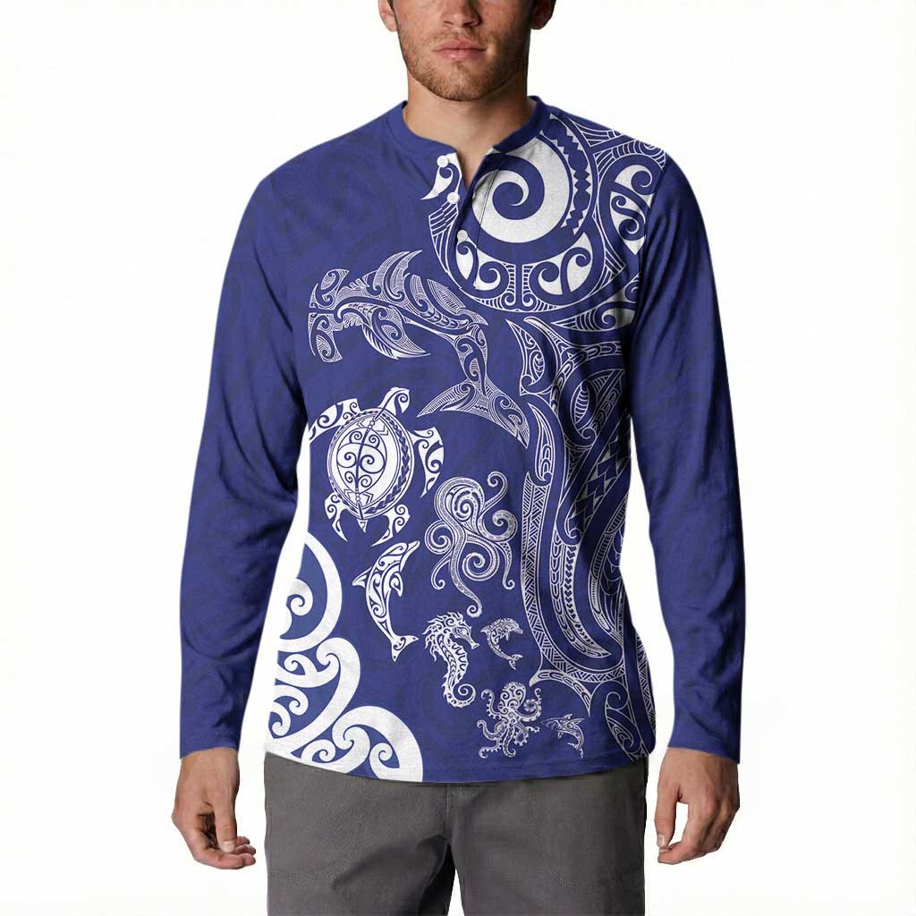 New Zealand Sea Animals with Maori Tribal Tattoo Button Sweatshirt Blue Color LT03 - Polynesian Pride