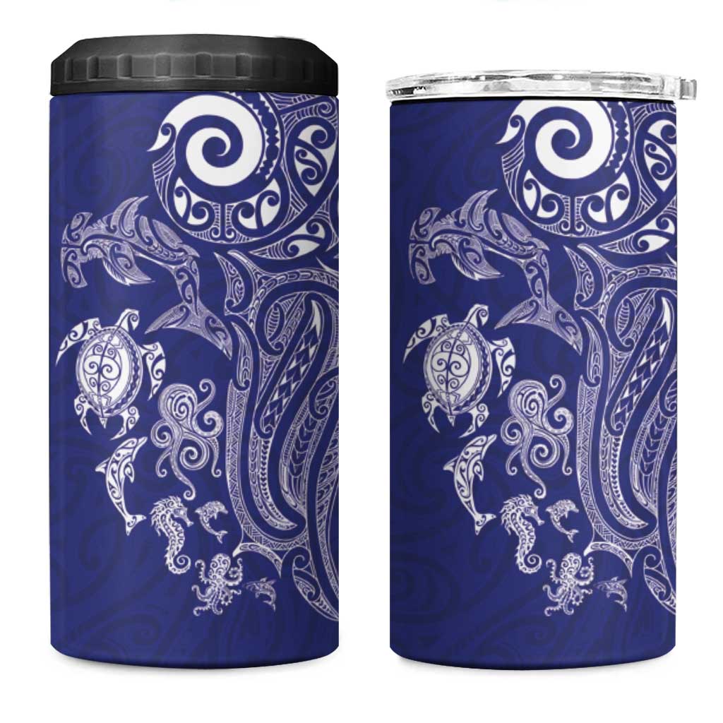 New Zealand Sea Animals with Maori Tribal Tattoo 4 in 1 Can Cooler Tumbler Blue Color LT03 One Size: 16 oz Blue - Polynesian Pride