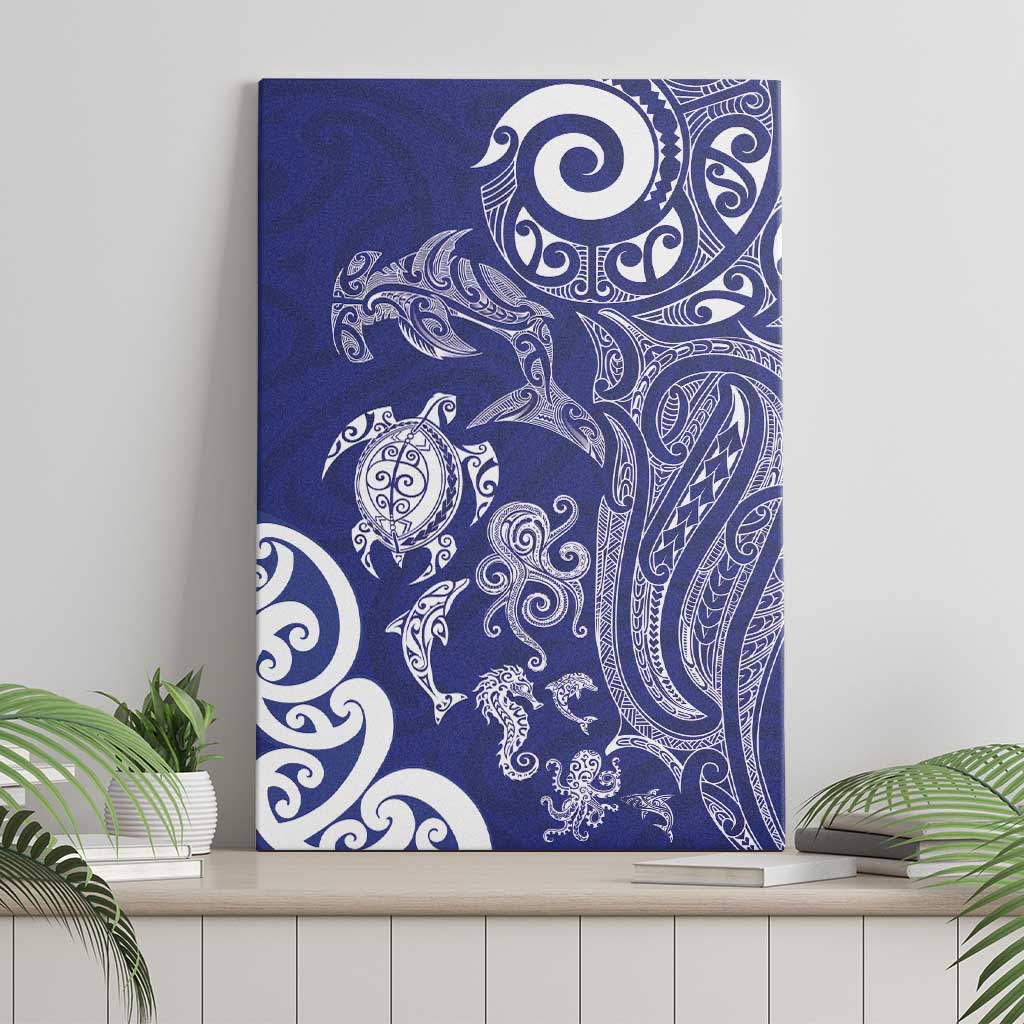 New Zealand Sea Animals with Maori Tribal Tattoo Canvas Wall Art Blue Color LT03 - Polynesian Pride