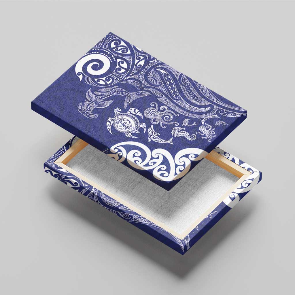 New Zealand Sea Animals with Maori Tribal Tattoo Canvas Wall Art Blue Color LT03 - Polynesian Pride