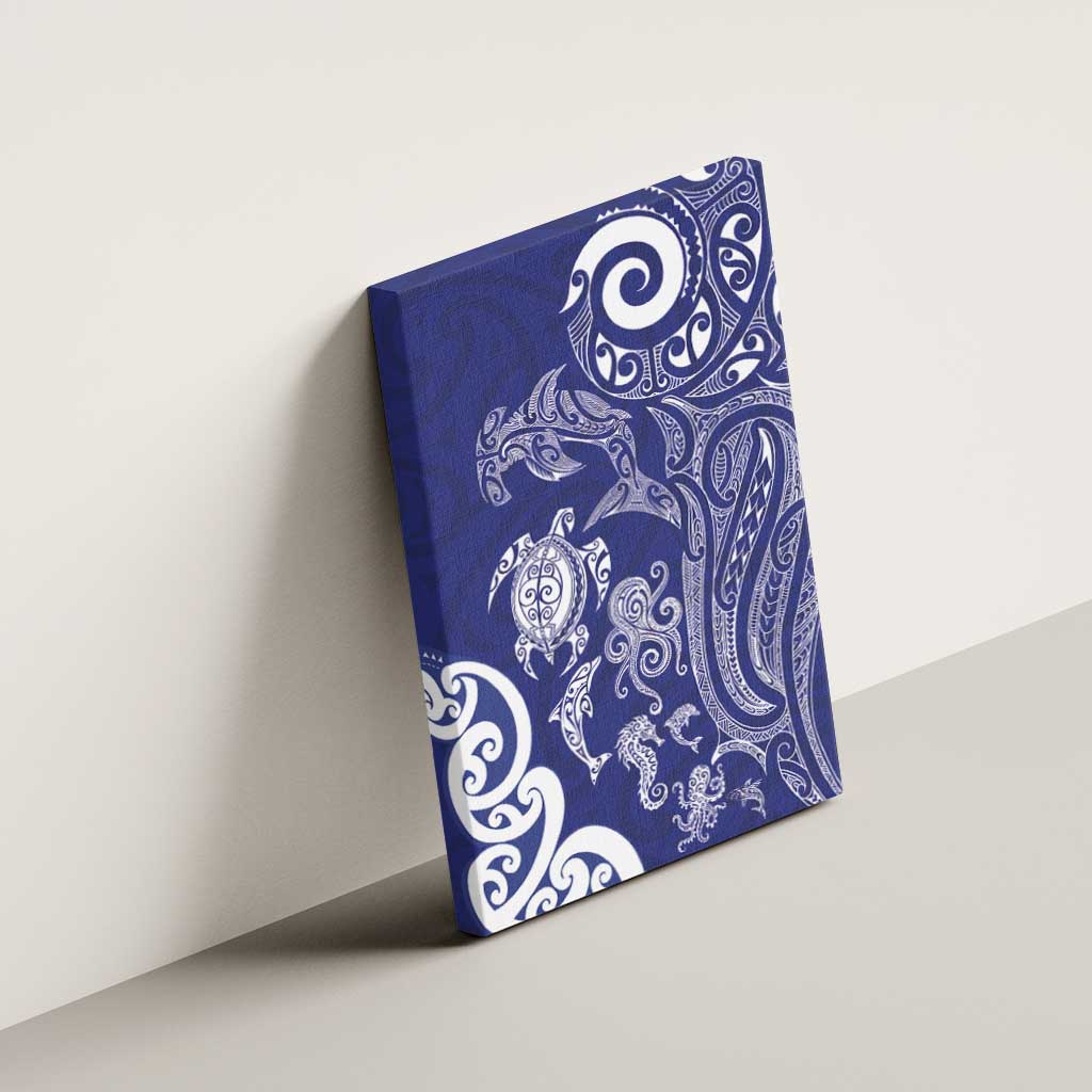 New Zealand Sea Animals with Maori Tribal Tattoo Canvas Wall Art Blue Color LT03 - Polynesian Pride